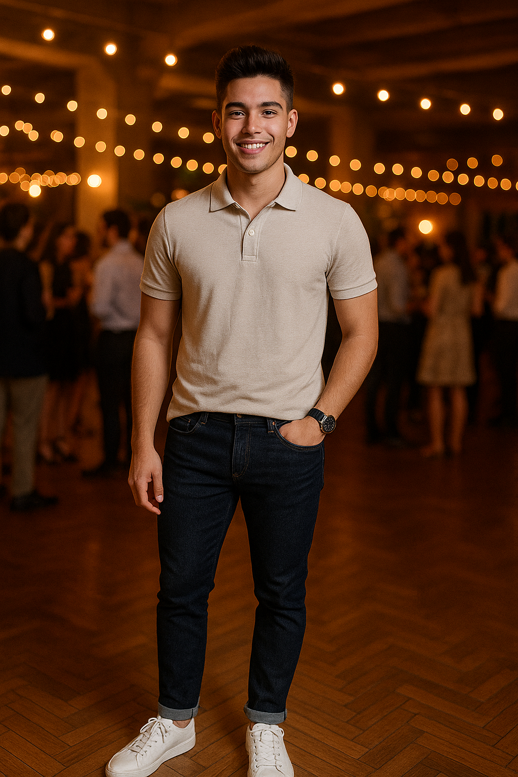 Polo claro con jeans oscuros